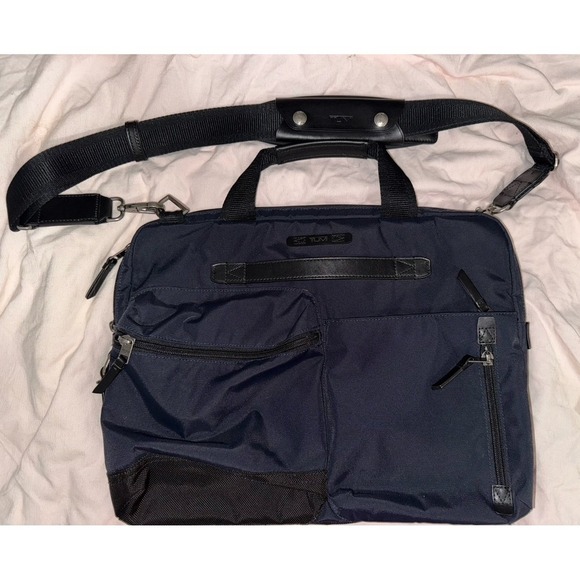 Tumi Dalston Acer slim zip travel briefcase navy blue with black leather